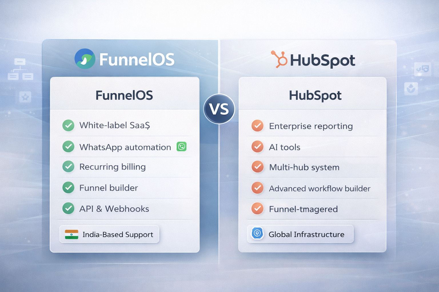 FunnelOS vs HubSpot (2026 Comparison): Which CRM Is Better for Agencies & Growing Businesses? FunnelOS vs HubSpot feature comparison infographic