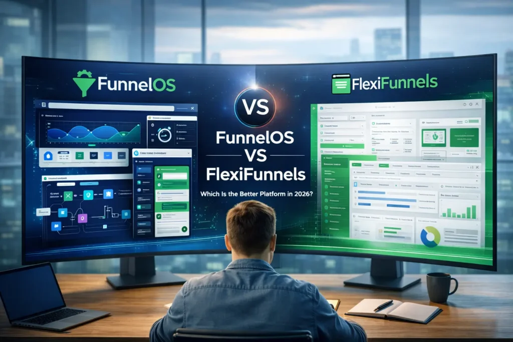 Side by side comparison of FunnelOS and FlexiFunnels dashboard features for agencies and marketers