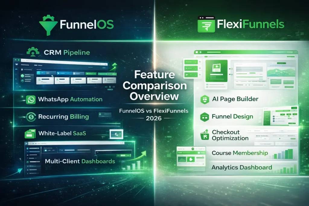 FunnelOS vs FlexiFunnels: Which Is the Better Choice in 2026? FunnelOS vs FlexiFunnels feature comparison infographic showing CRM, AI funnel builder and automation differences