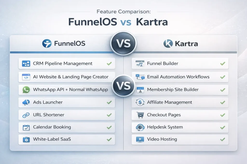 FunnelOS vs Kartra feature comparison infographic
