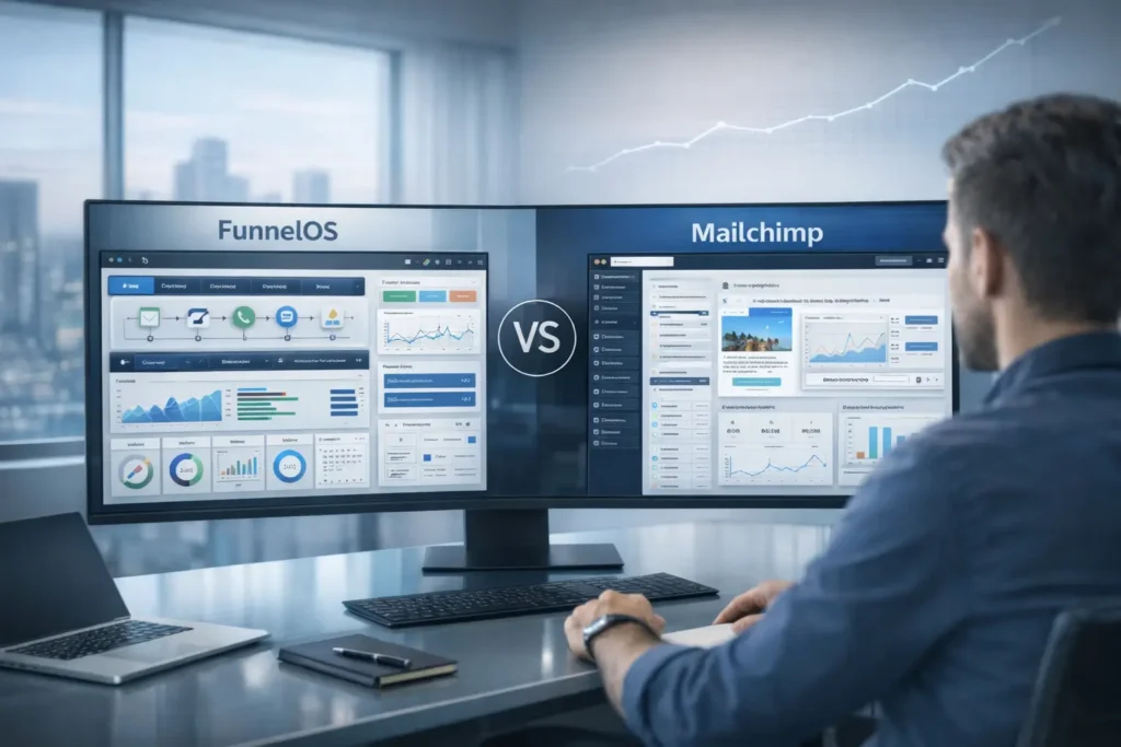 FunnelOS vs Mailchimp marketing automation comparison dashboard