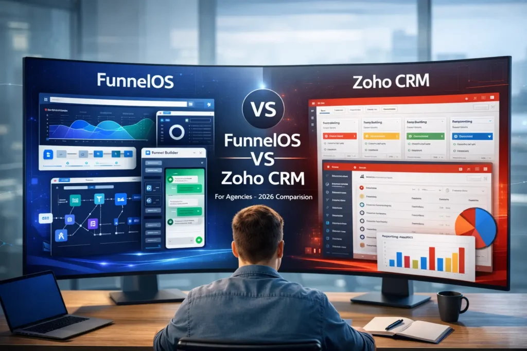 FunnelOS vs Zoho CRM for agencies comparison showing CRM dashboard, funnel builder, and automation features